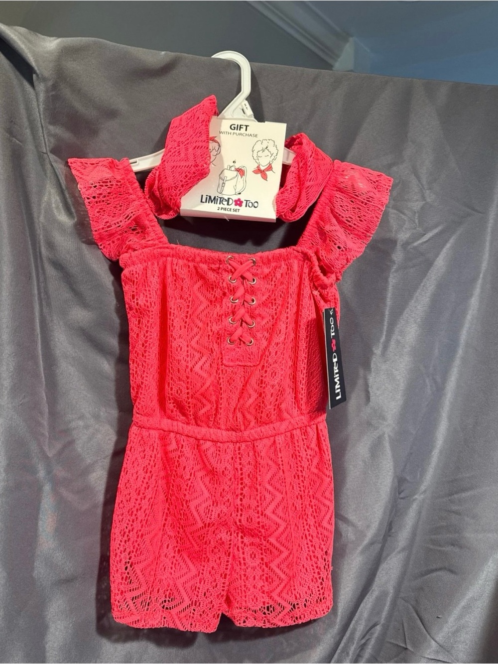 Limited Too Bright Pink Lace Romper with Ruffle Sleeves